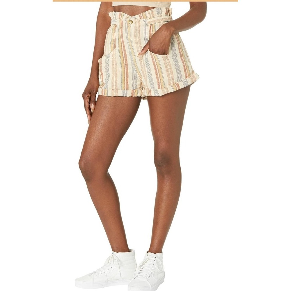 Free People Paperbag Waist Striped Shorts Multi Color Boho High Rise Large